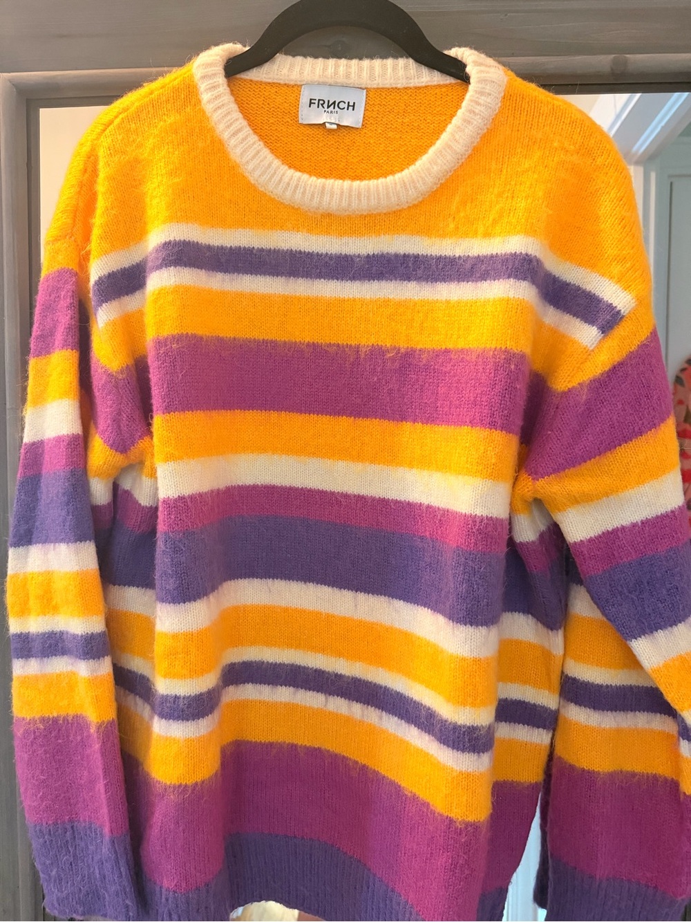FRNCH Striped Crewneck Sweater in Yellow, Purple & White